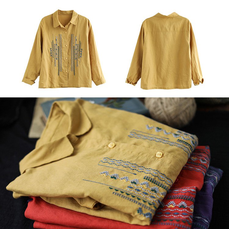 เสื้อเชิ็ตแขนยาว  คอพับ  ผ้าคอตตอนลินินปัดลาย ทรงหลวม