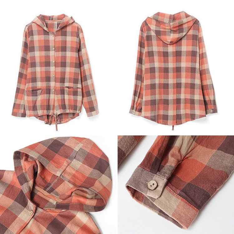 เสื้อมีฮู้ดลำลอง ลายสก๊อต ผ้าฝ้ายแท้