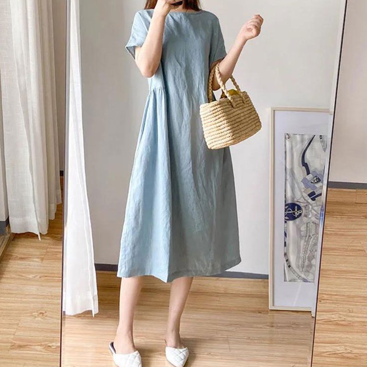 Solid Color Line Cotton Loose Slimming Dress