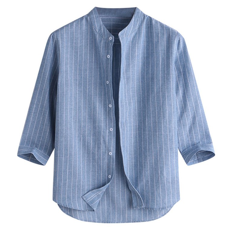 【ストライプリネンシャツ】7分袖　リネン100%　ソフト　通気性　肌ざわり抜群　涼しい