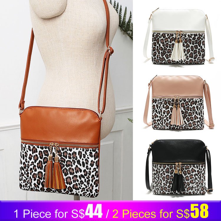 Women‘s Contrast Colors Leopard Print Tassel Bag