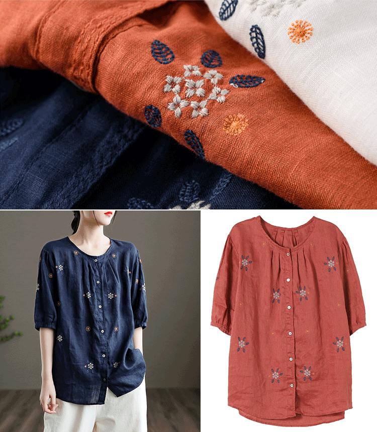 เสื้อแขนสั้นแขนบอลลูน ปักลายวินเทจ