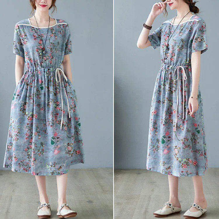 花柄綿麻ワンピース