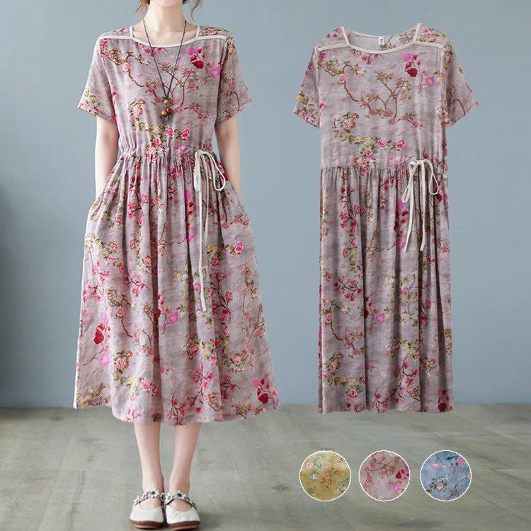 花柄綿麻ワンピース