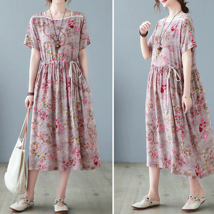 花柄綿麻ワンピース