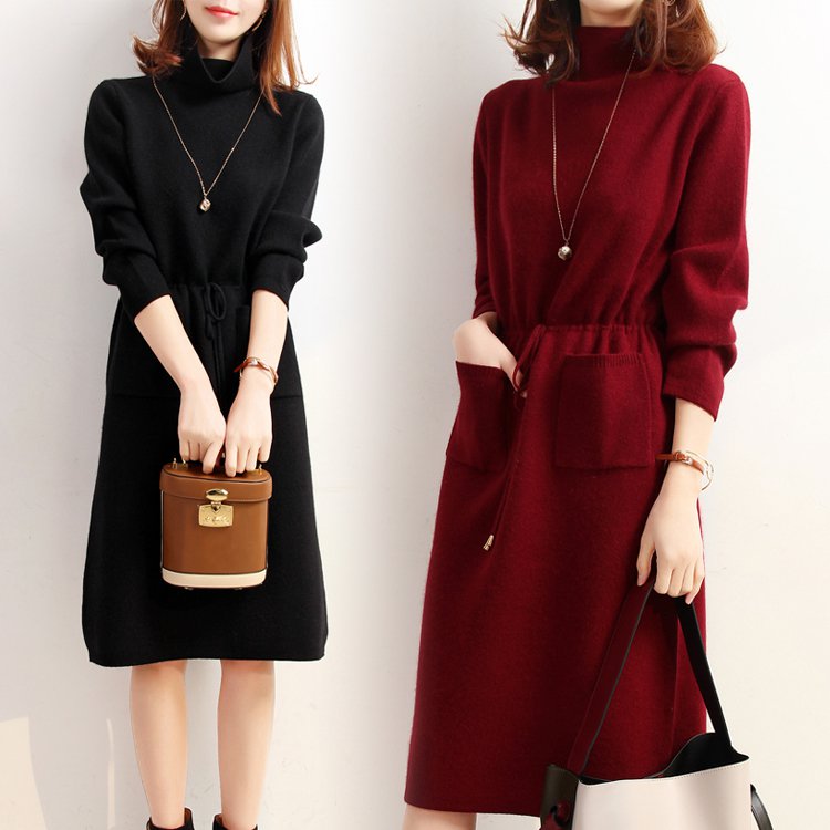 【カシミヤワンピース】ハイネック・ウエストマーク、着痩せ効果抜群、厳選された内モンゴル産高級カシミヤ、暖かい、体型を選ばない！