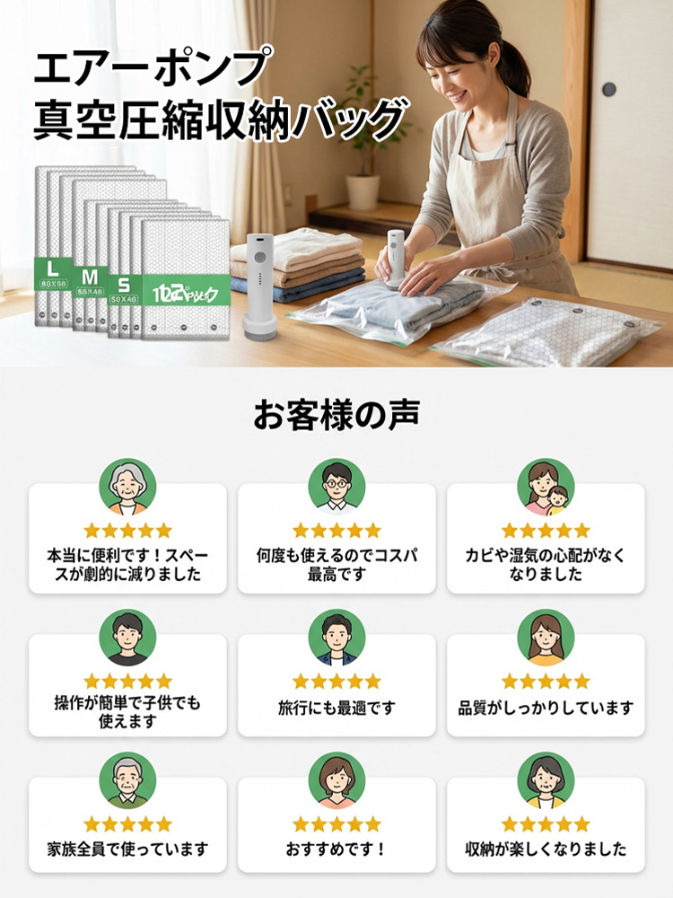 ハイパワーエアーポンプ真空圧縮収納バッグ