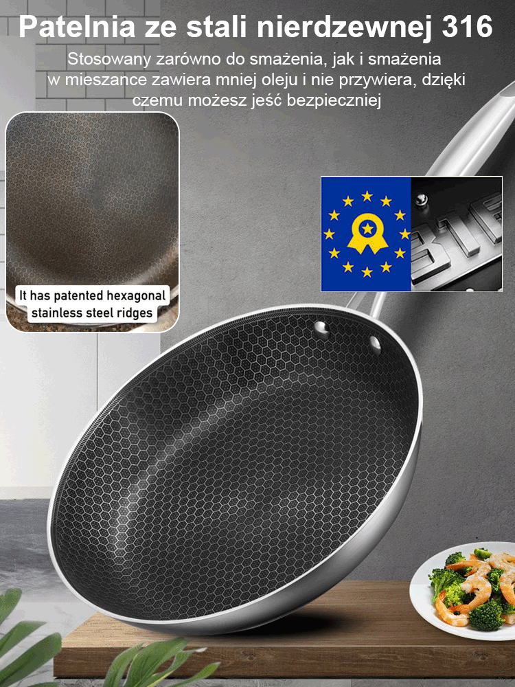 Patelnia ze stali nierdzewnej o strukturze plastra miodu z nieprzywierającym dnem bez powłoki