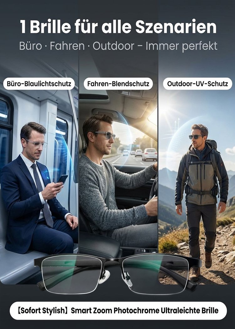 Intelligente, selbsttönende und ultraleichte Herrenbrille mit variablem Fokus