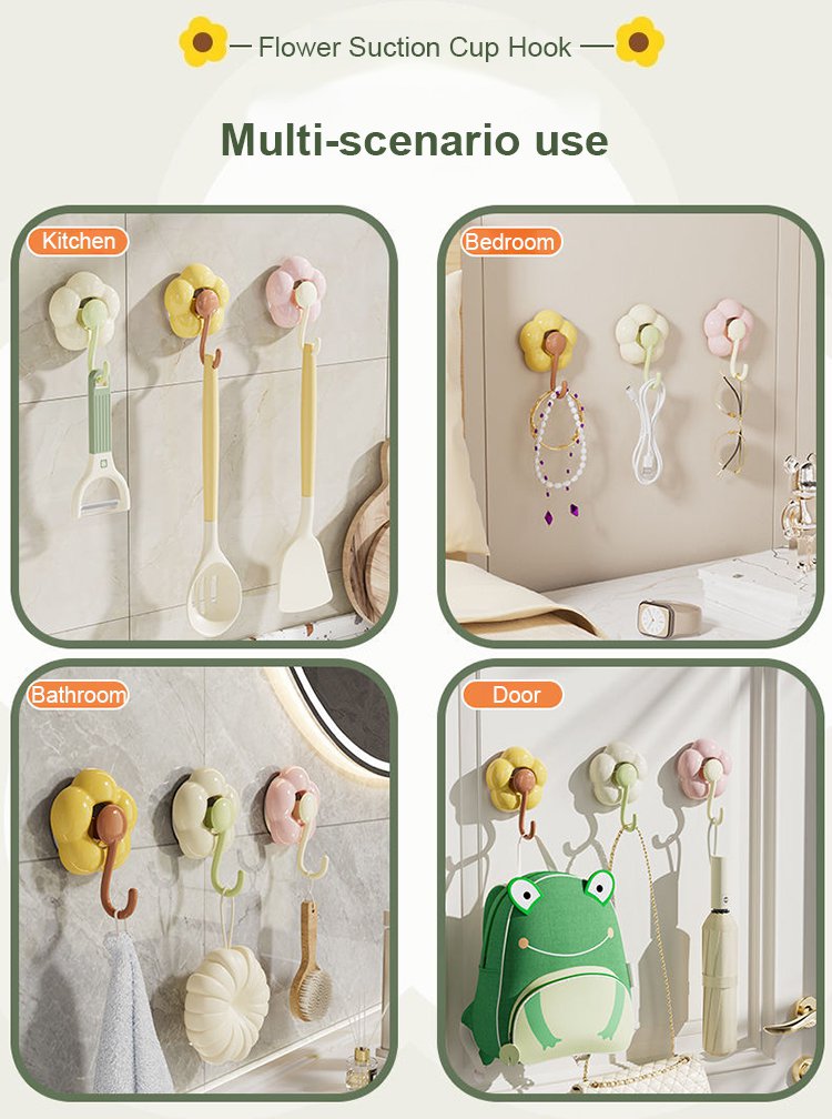 Flower suction cup hook supporting heavy bags on tiled wall