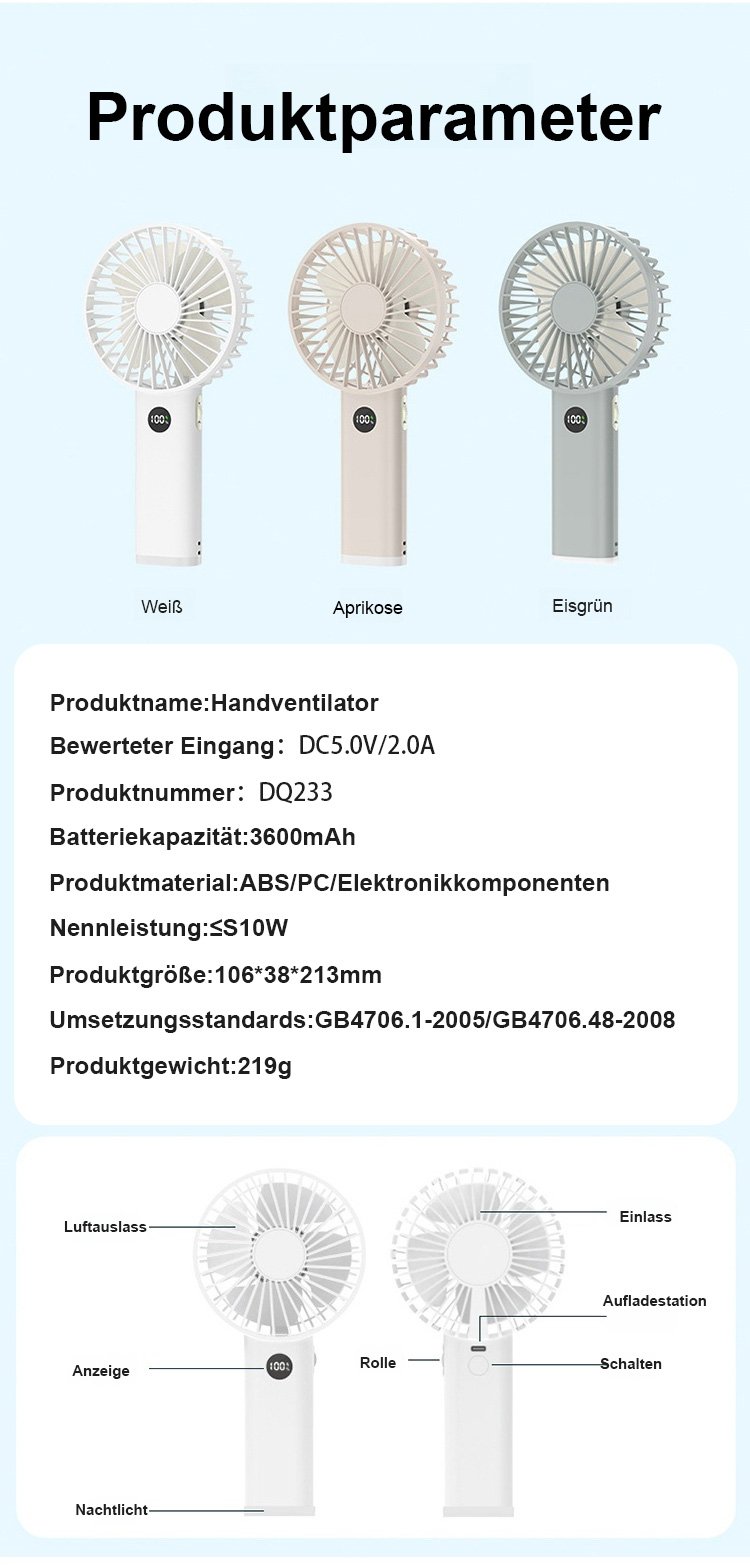 Leistungsstarker Handventilator mit LED-Licht