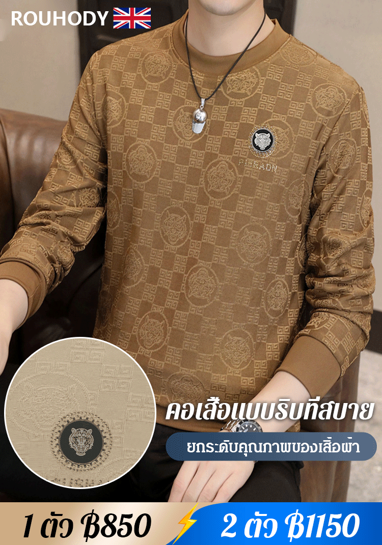 【หรูหราเบา ๆ สุภาพบุรุษ】เสื้อสเวตเตอร์คอกลมลายหัวเสือแฟชั่นสำหรับผู้ชาย