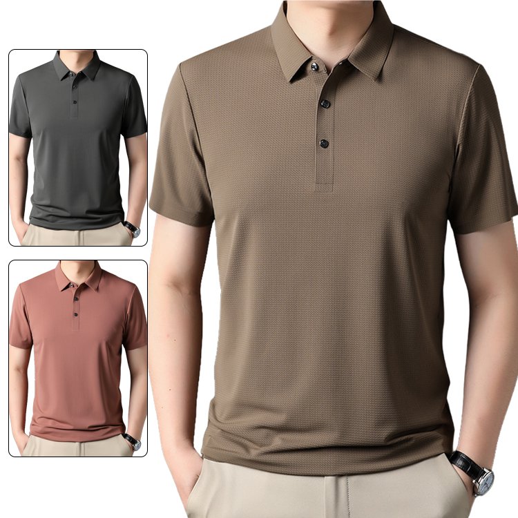 【涼感ワッフル】メンズ半袖ポロシャツ 薄手 ストレッチ 涼感　ドレープ性 通気速乾　襟付きメンズTシャツ シワ防止　ノンアイロン