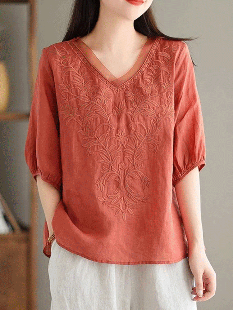 中袖顯瘦遮肉提花棉麻襯衫