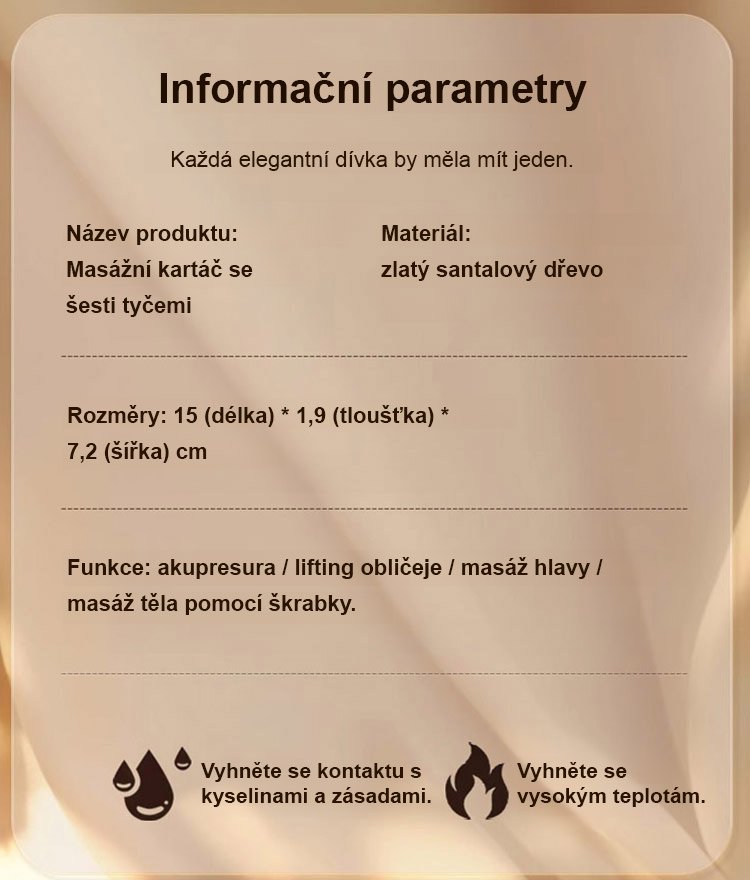 Zlatý hedvábný santalový dřevěný masážní hřeben meridián se šesti drápy