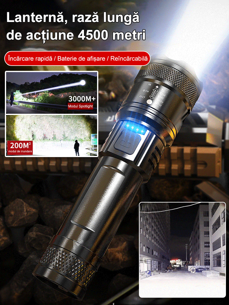 Lanterna cu LED-uri puternice, cu zoom, pentru uz exterior.