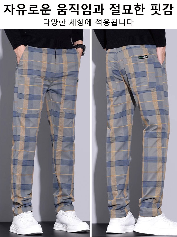 남성용 캐주얼 체크무늬 6포켓 스판 스트레이트 팬츠