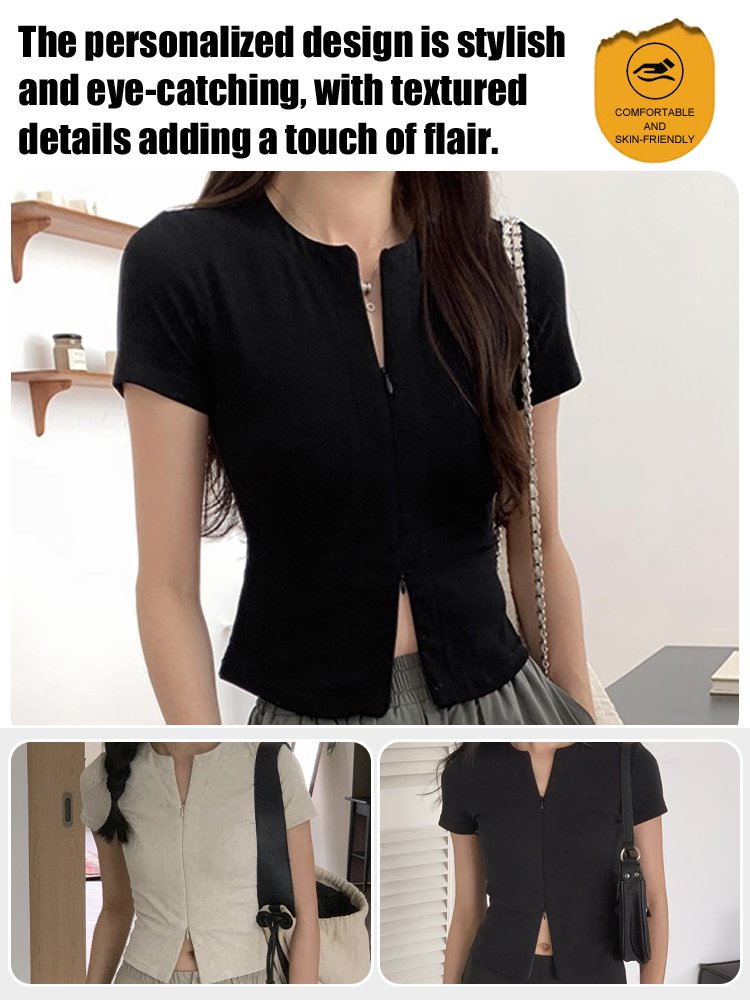 Double-zipper slim-fit short-sleeved shirt