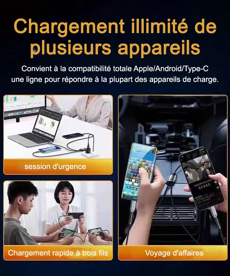 Câble de données 3-en-1 à charge super rapide et lumineux transparent