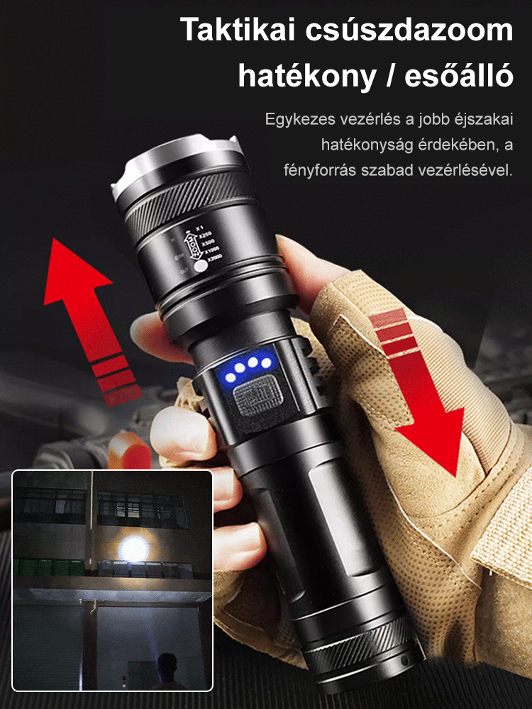 Erős LED-es, állítható fényszóróval ellátott kültéri zseblámpa.