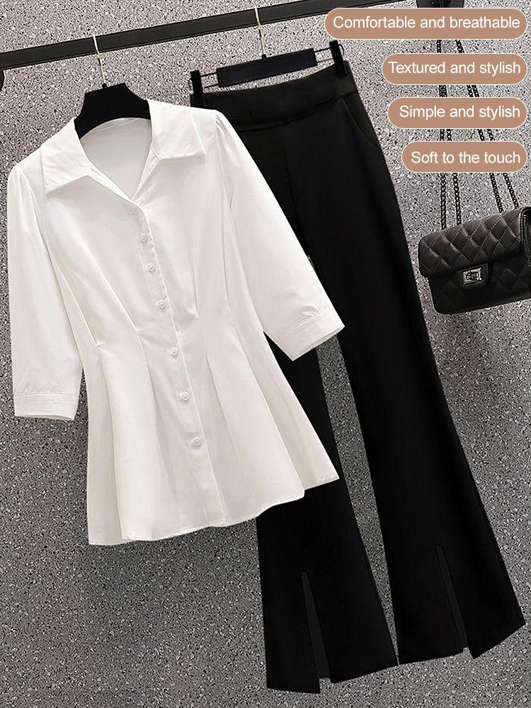 Shirt that conceals the belly and appears slimming, paired with versatile slit flared pants.