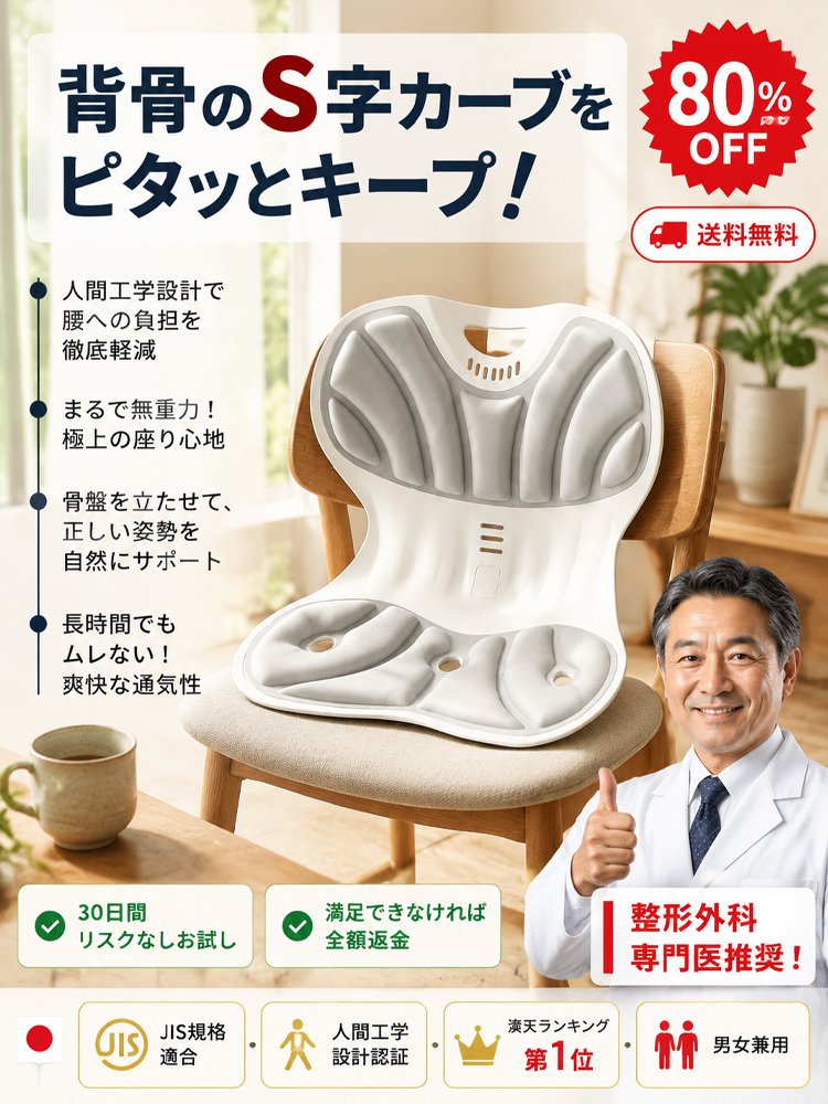 【本日限定で工場直販の80%OFF】姿勢サポートシート。人間工学に基づく精密設計で背骨に密着。