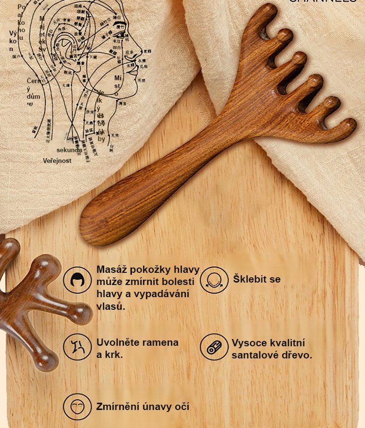 Zlatý hedvábný santalový dřevěný masážní hřeben meridián se šesti drápy