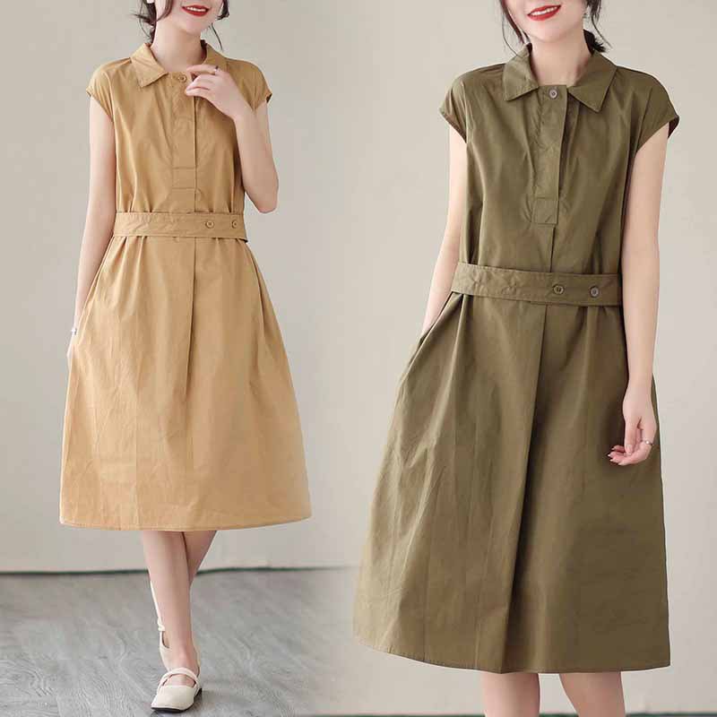 허리 조임 순면 원피스