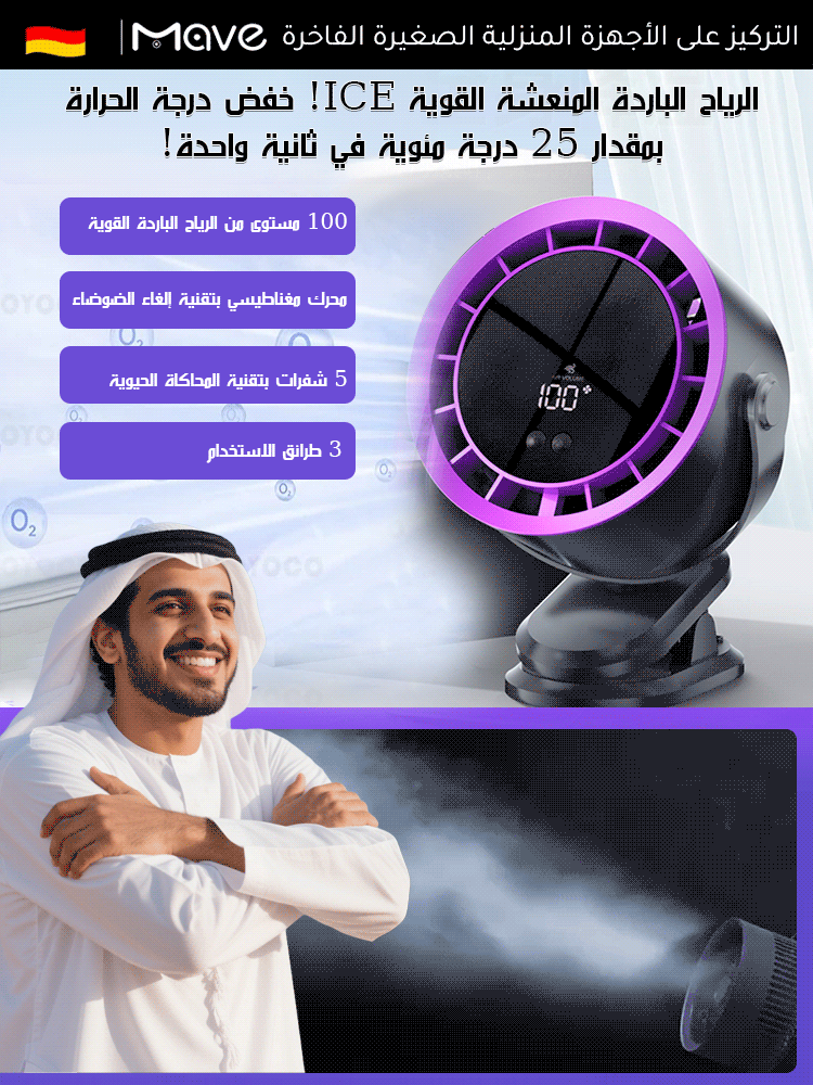 مروحة توربينية صغيرة مثبتة على الحائط أو المكتب مع شاشة رقمية ذكية و100 وضع للتعديل 