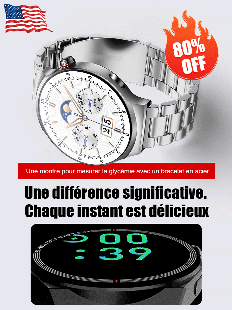 Une montre pour mesurer la glycémie avec un bracelet en acier