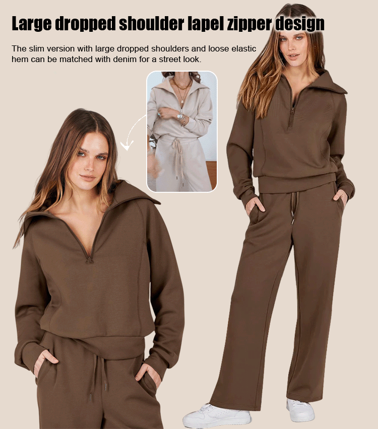 Casual Zipper Long Sleeve Sweatshirt Wide Leg Pants Two Piece Set