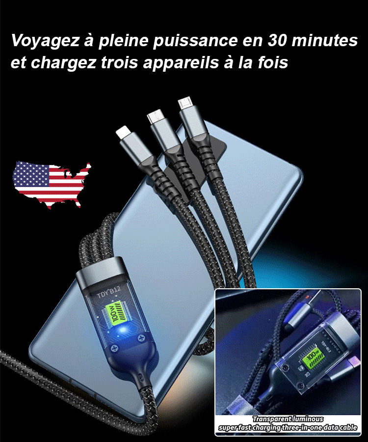 Câble de données 3-en-1 à charge super rapide et lumineux transparent