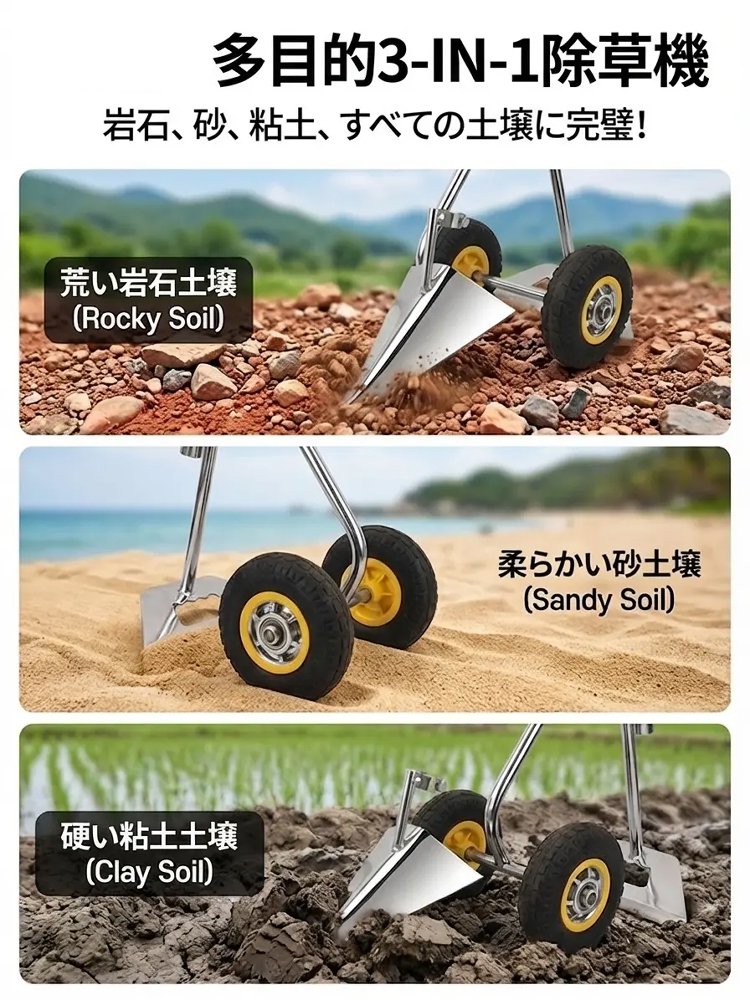 【1台3役】多機能農業サポートカート：溝掘り・草刈り・土ほぐし・土寄せがこれ1台で完結！