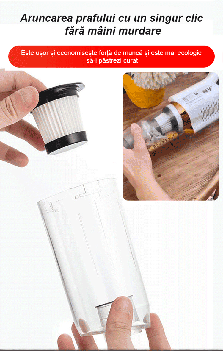Aspirator de mână fără fir cu funcție de aspirare și ștergere.
