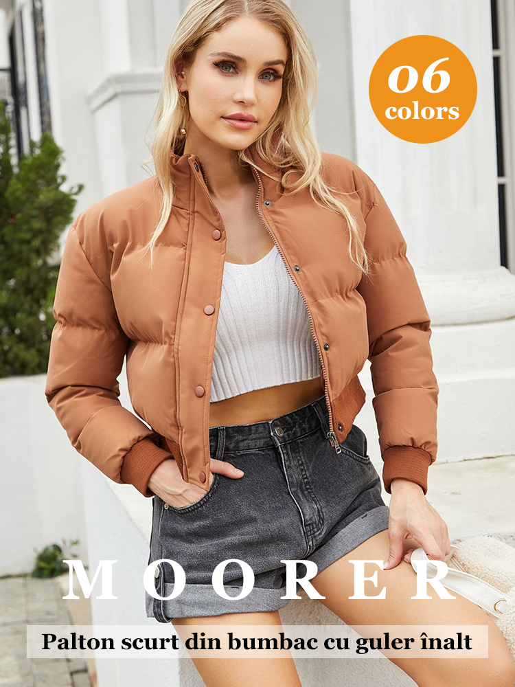 Palton scurt de puf alb de gâscă cu guler înalt