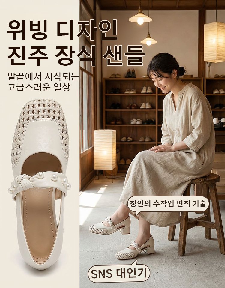 프렌치 위빙 진주장식 통굽 샌들