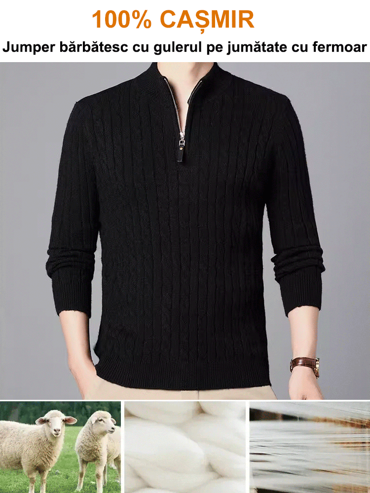 Pulover tricotat cu fermoar pe jumătate de gât înalt din cașmir cu fermoar