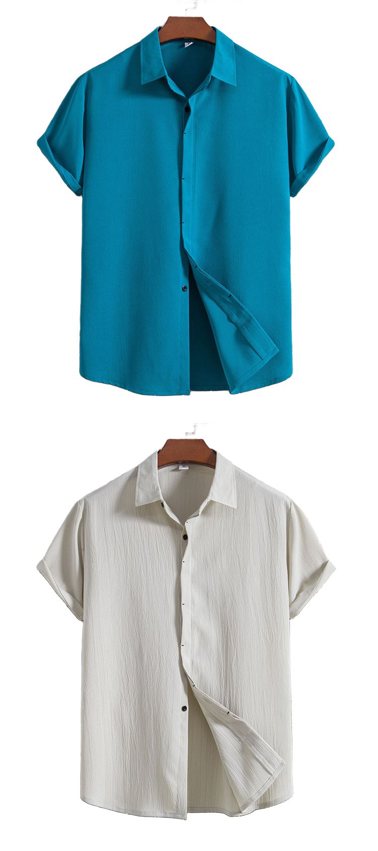 シンプルデザインの綿麻カジュアルシャツを着用する男性モデル