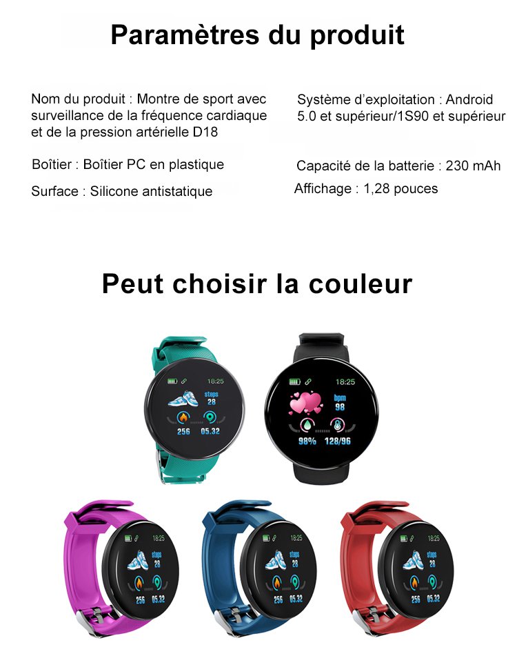 Montre de sport avec surveillance de la fréquence cardiaque et de la pression artérielle D18
