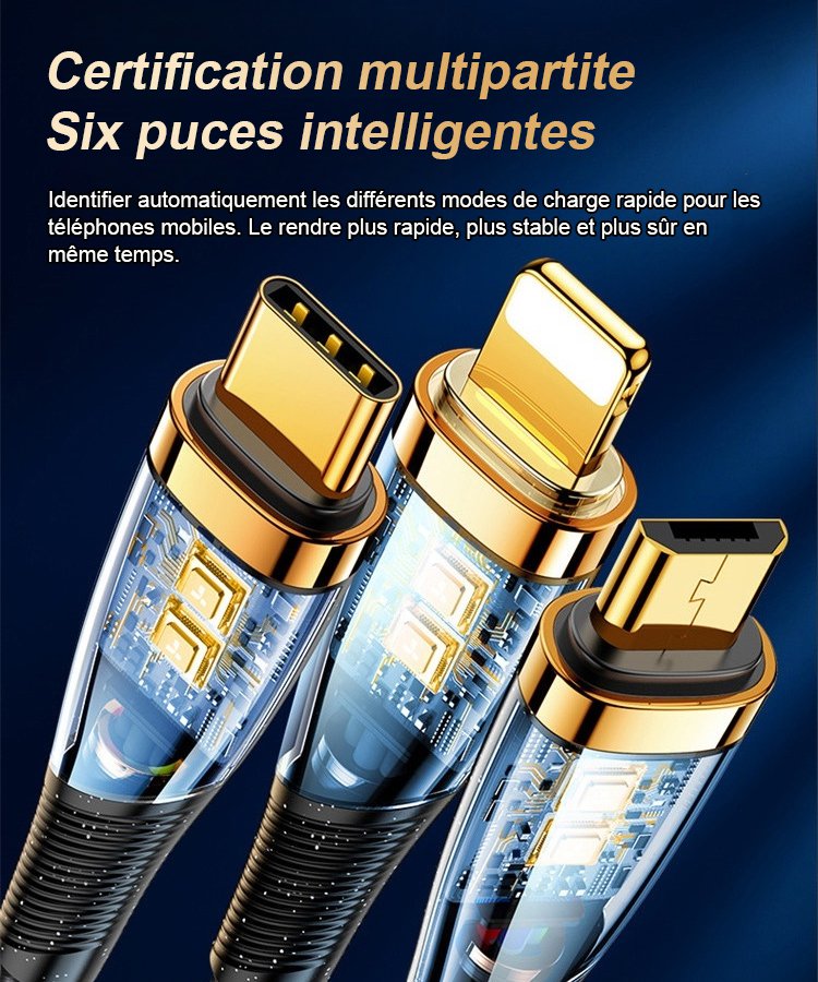 Câble de données 3-en-1 à charge super rapide et lumineux transparent