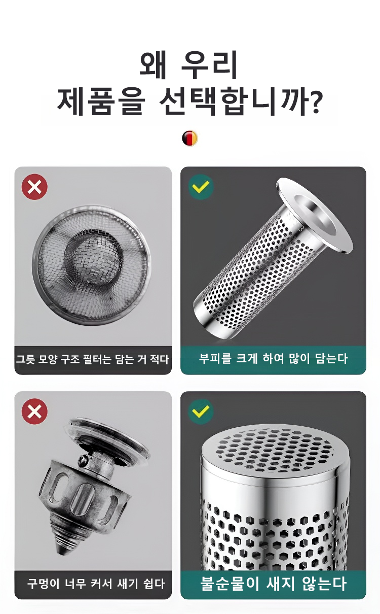 싱크대에 설치된 스테인리스 배수구 필터