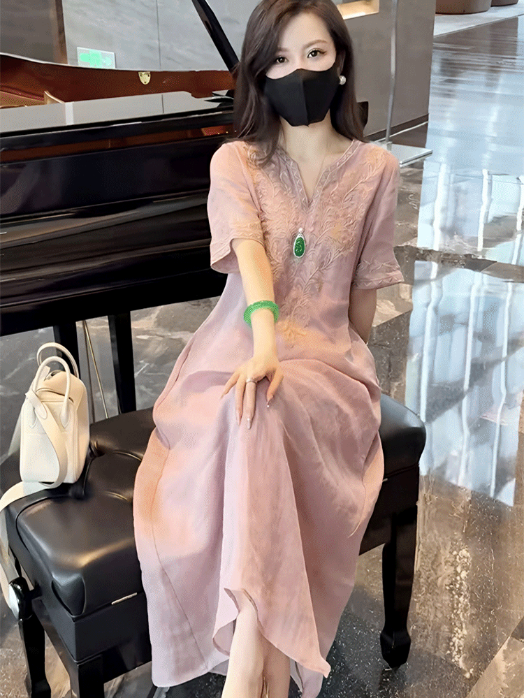 고급 삼베 자수 원피스