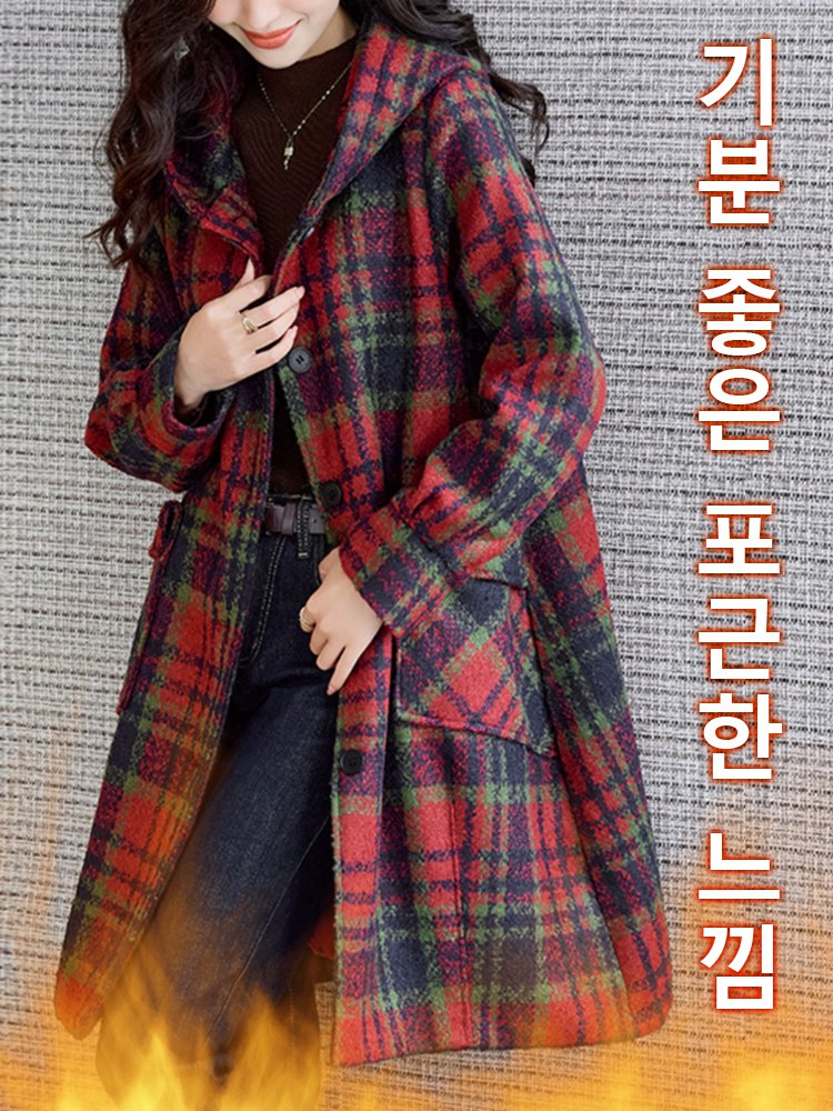[날씬해 보임] 캐주얼 체크무늬 여성용 모직 코트