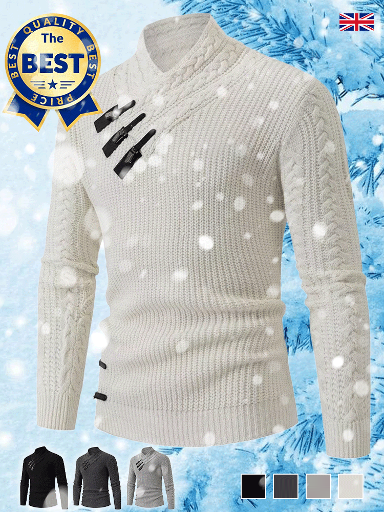 Herren-Kaschmirpullover mit Lederknopf-Schrägkragen