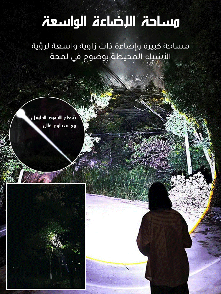 كشاف يدوي محمول مع ضوء أبيض عالي السطوع وتكبير تلسكوبي وهوك التعليق