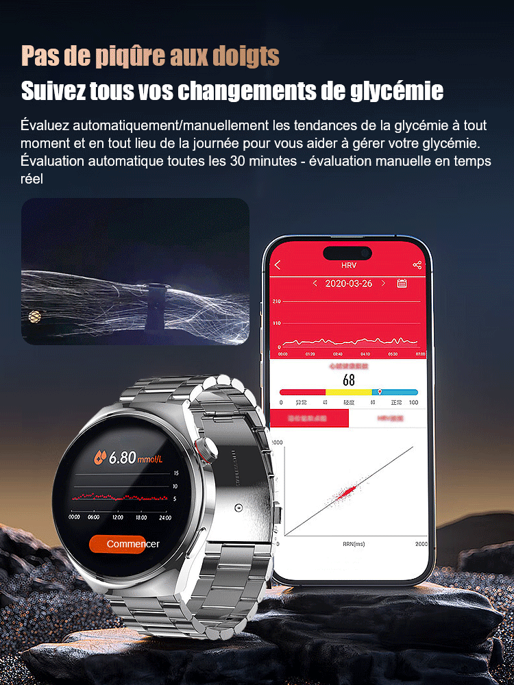 Une montre pour mesurer la glycémie avec un bracelet en acier