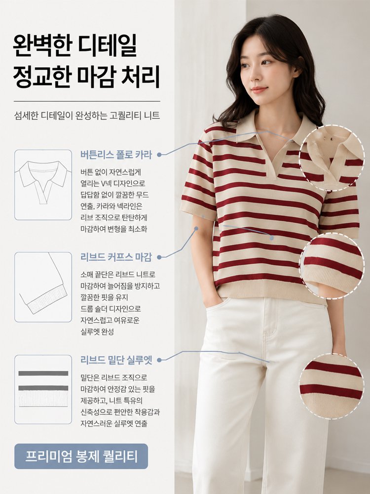 26SS 루즈핏 스트라이프 오픈카라 니트 반팔 여성