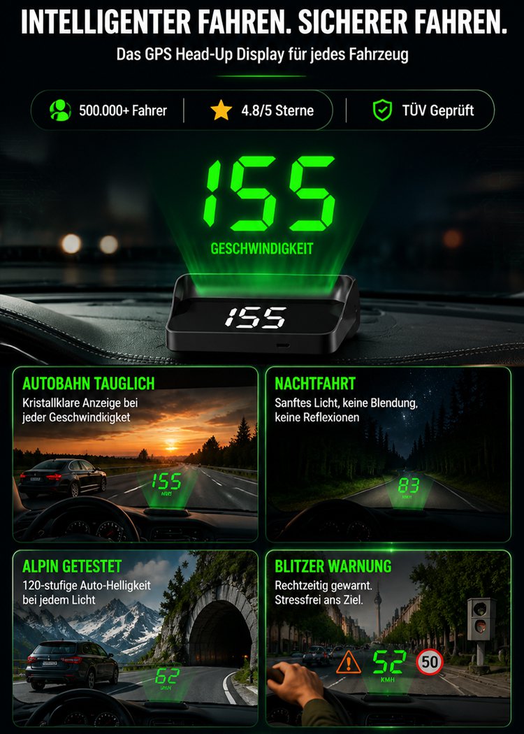 HUD GPS Digitaler Tacho für Autos, Head-Up Display, geeignet für alle Fahrzeugtypen