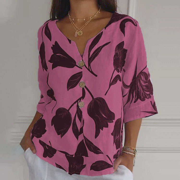 Printed cotton and linen V-neck short sleeved pullover shirt