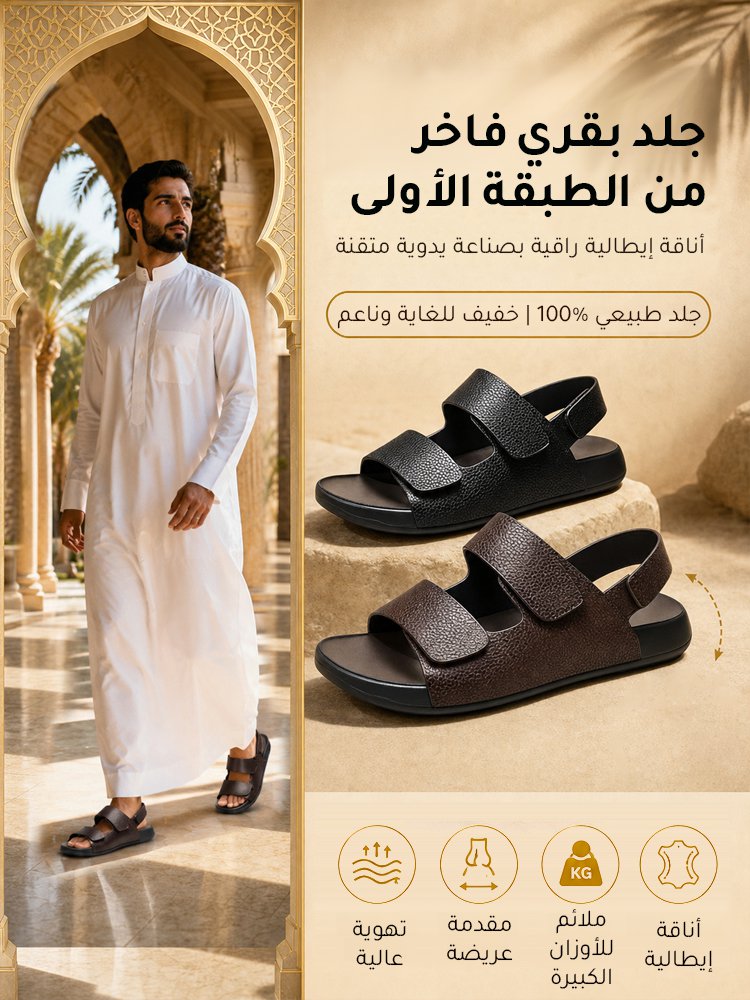 صندل رجالي من جلد البقر الطبيعي (طبقة أولى) بتصميم فيلكرو